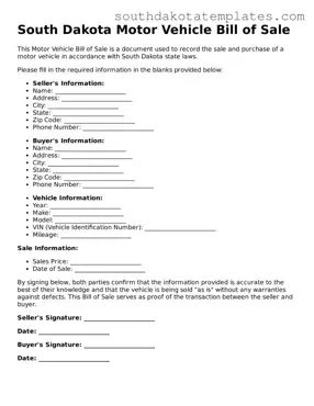 Free South Dakota Motor Vehicle Bill of Sale Document