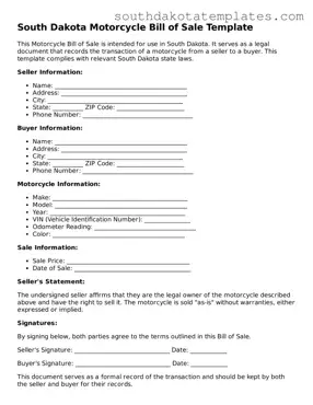 Free South Dakota Motorcycle Bill of Sale Document
