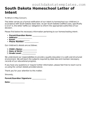 Free South Dakota Homeschool Letter of Intent Document