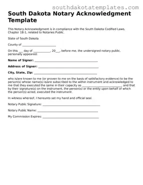 Free South Dakota Notary Acknowledgement Document