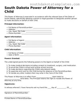 Free South Dakota Power of Attorney for a Child Document