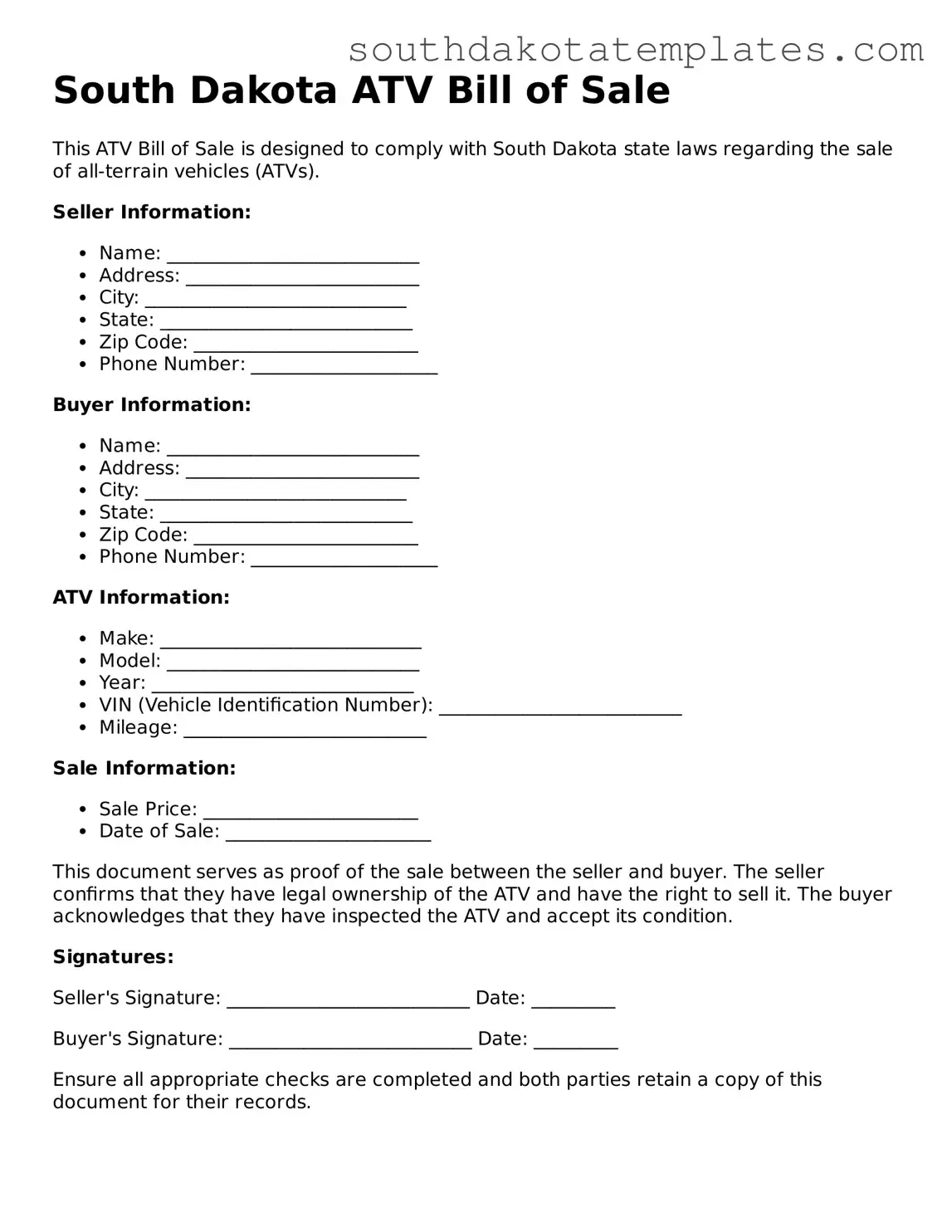 Free South Dakota ATV Bill of Sale Document