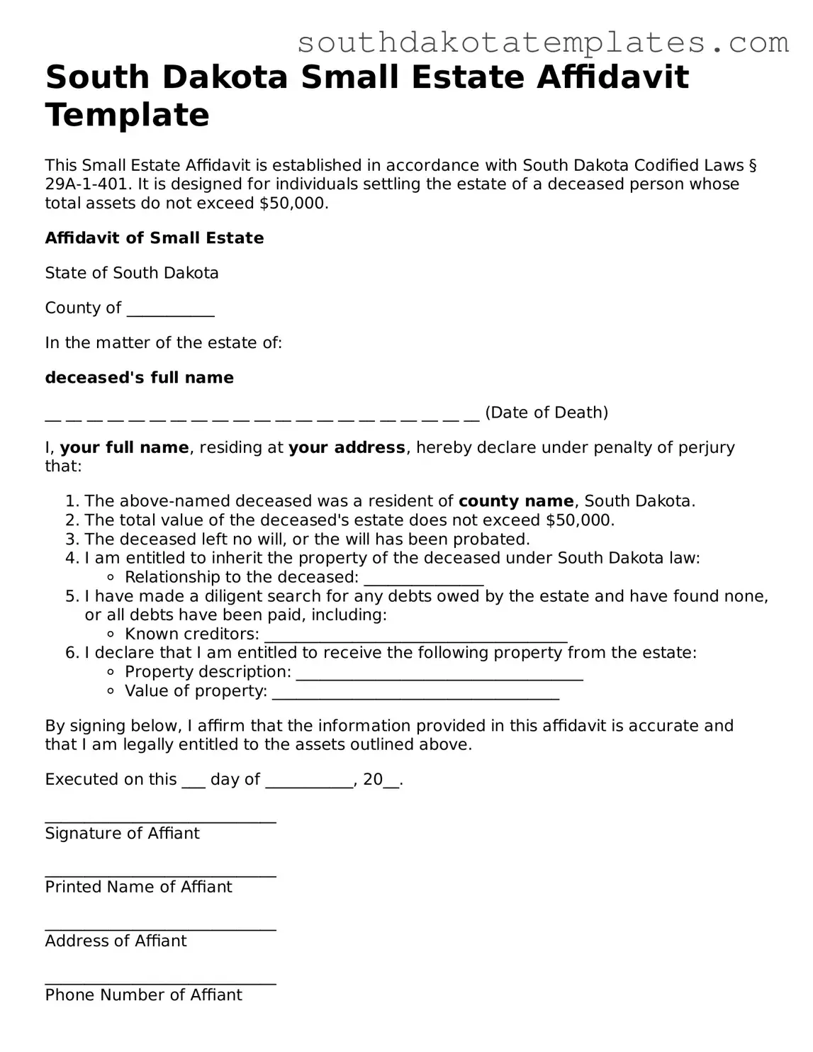 Free South Dakota Small Estate Affidavit Document