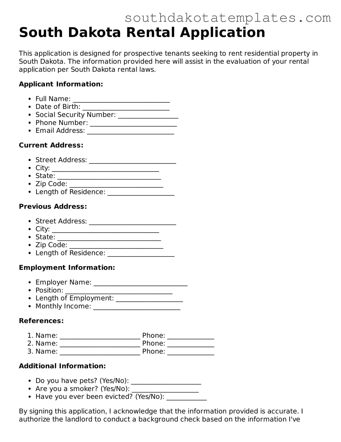 Free South Dakota Rental Application Document