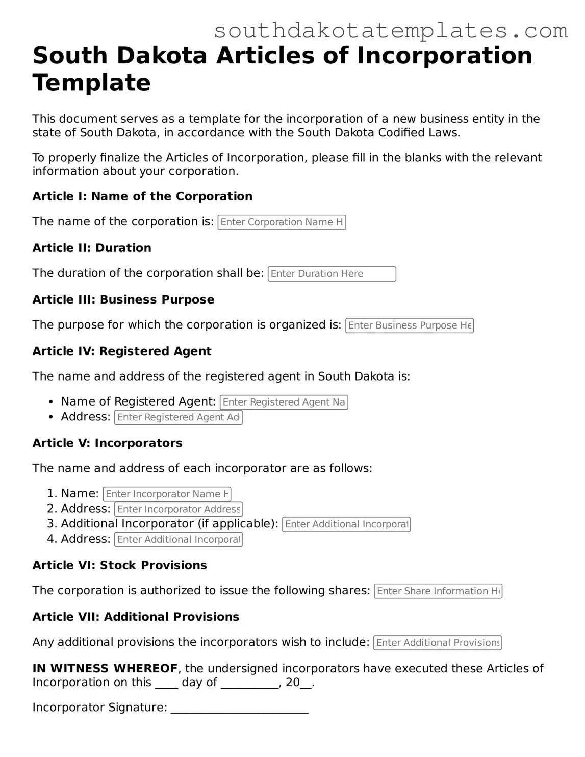 Free South Dakota Articles of Incorporation Document