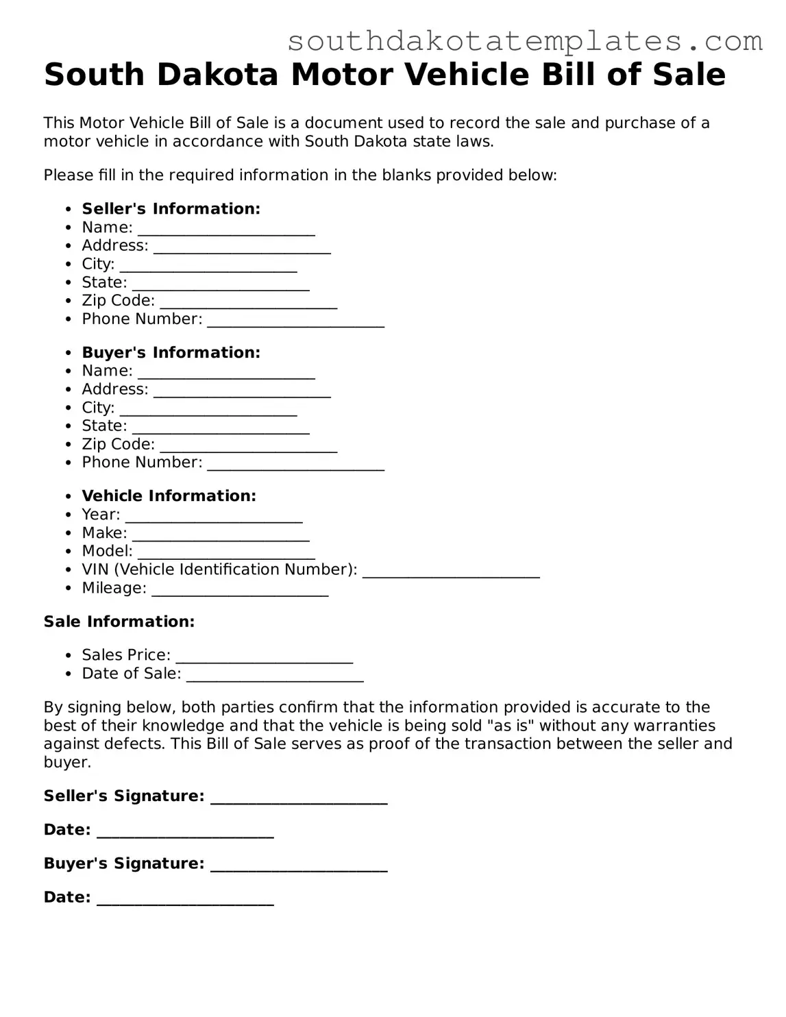 Free South Dakota Motor Vehicle Bill of Sale Document