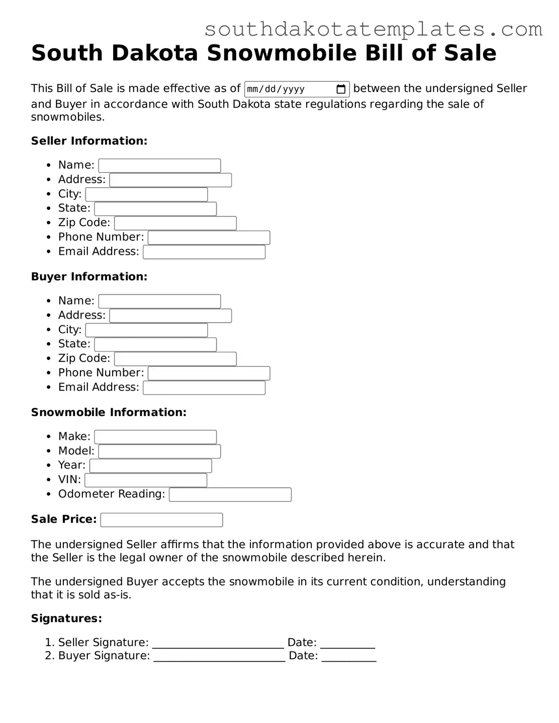 Free South Dakota Snowmobile Bill of Sale Document