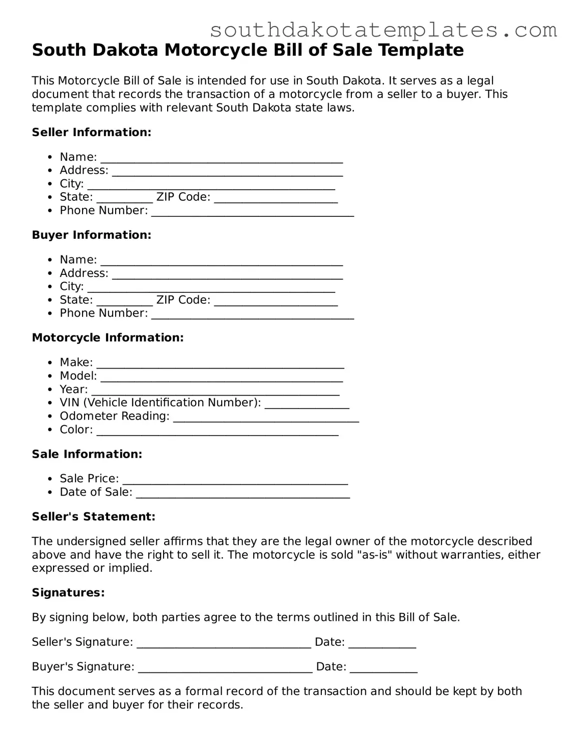 Free South Dakota Motorcycle Bill of Sale Document