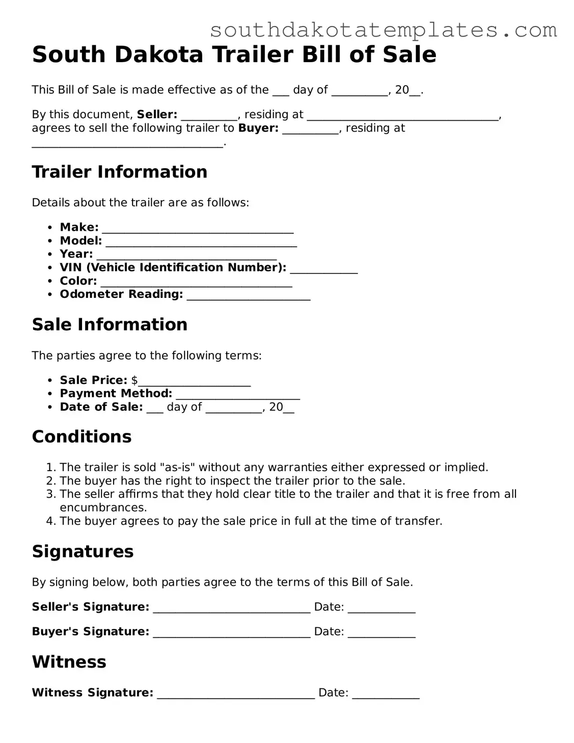 Free South Dakota Trailer Bill of Sale Document