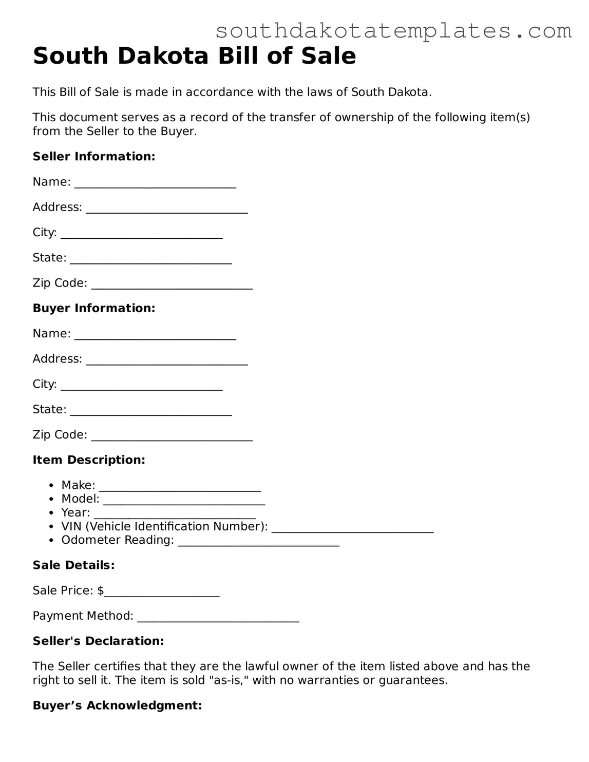 Free South Dakota Bill of Sale Document