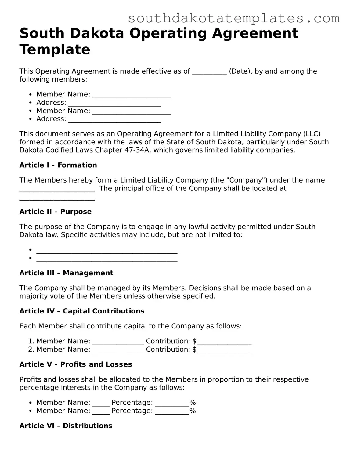 Free South Dakota Operating Agreement Document