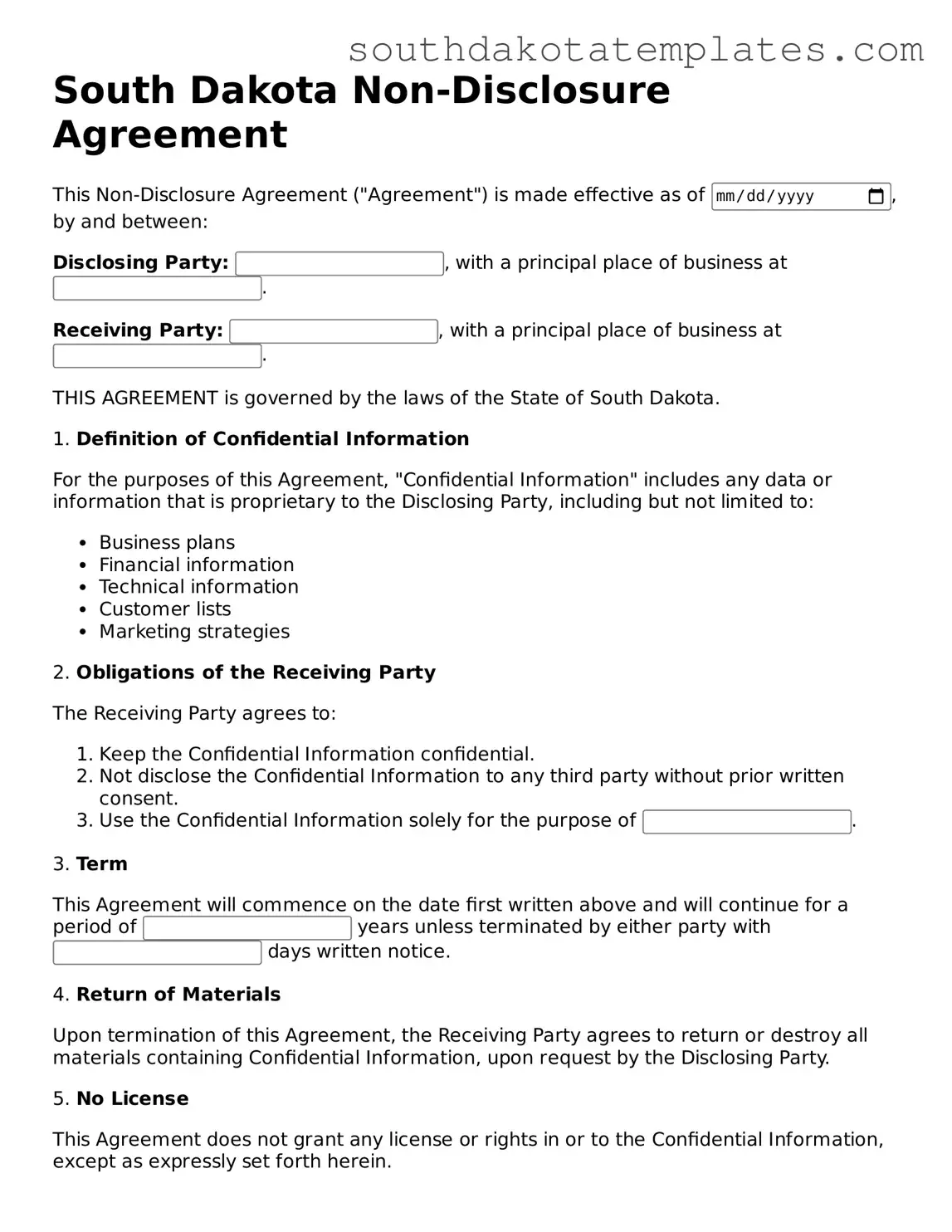 Free South Dakota Non-disclosure Agreement Document