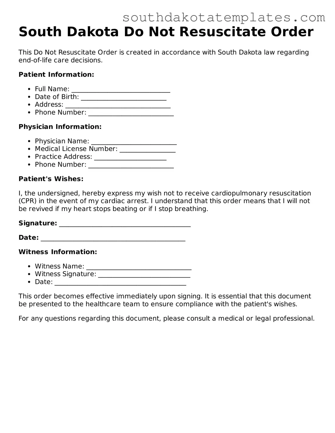 Free South Dakota Do Not Resuscitate Order Document