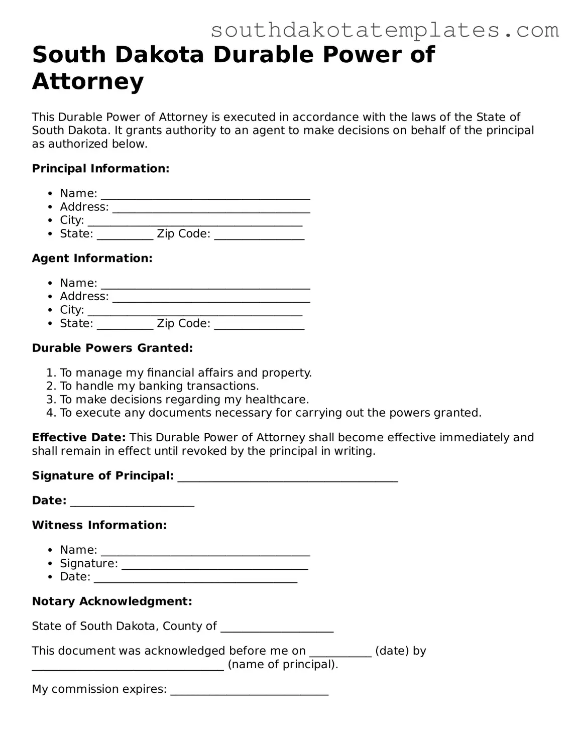 Free South Dakota Durable Power of Attorney Document