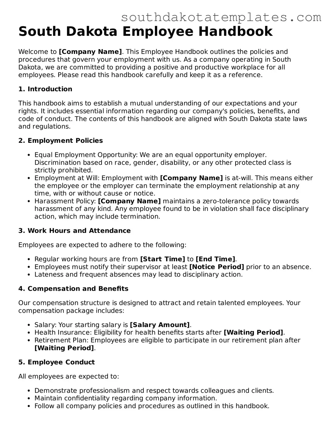 Free South Dakota Employee Handbook Document