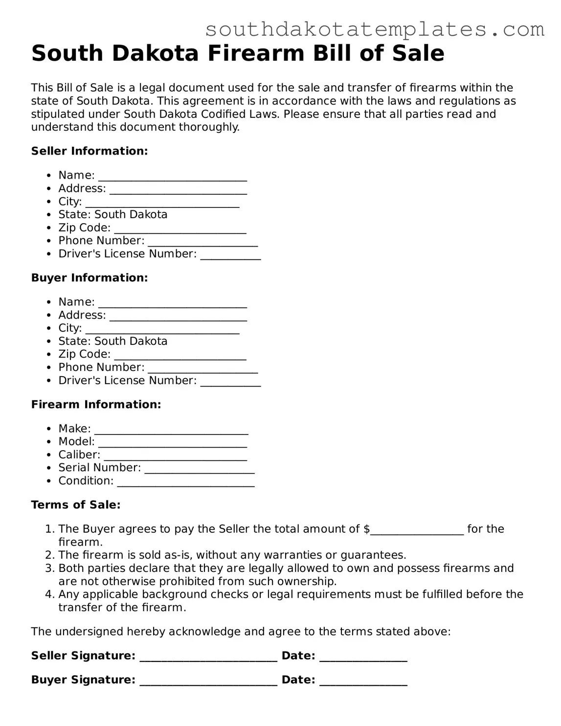 Free South Dakota Firearm Bill of Sale Document