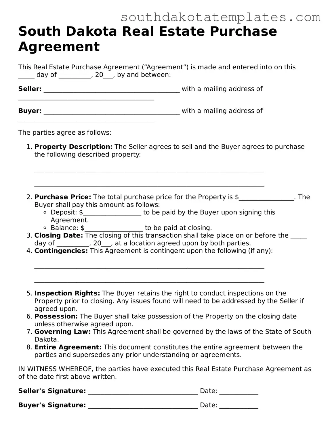 Free South Dakota Real Estate Purchase Agreement Document