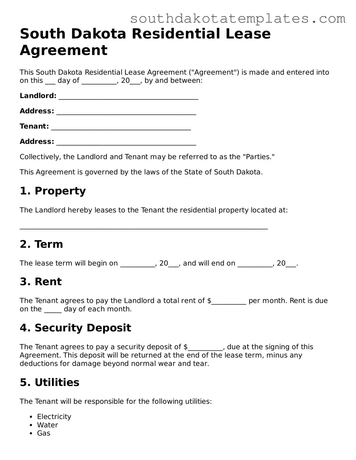 Free South Dakota Residential Lease Agreement Document