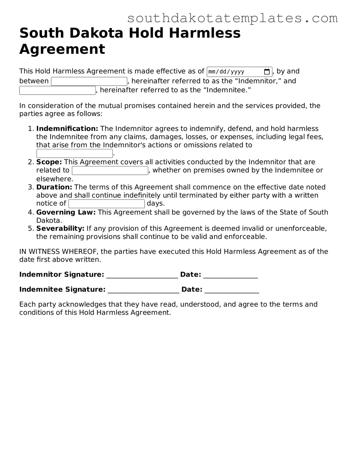 Free South Dakota Hold Harmless Agreement Document
