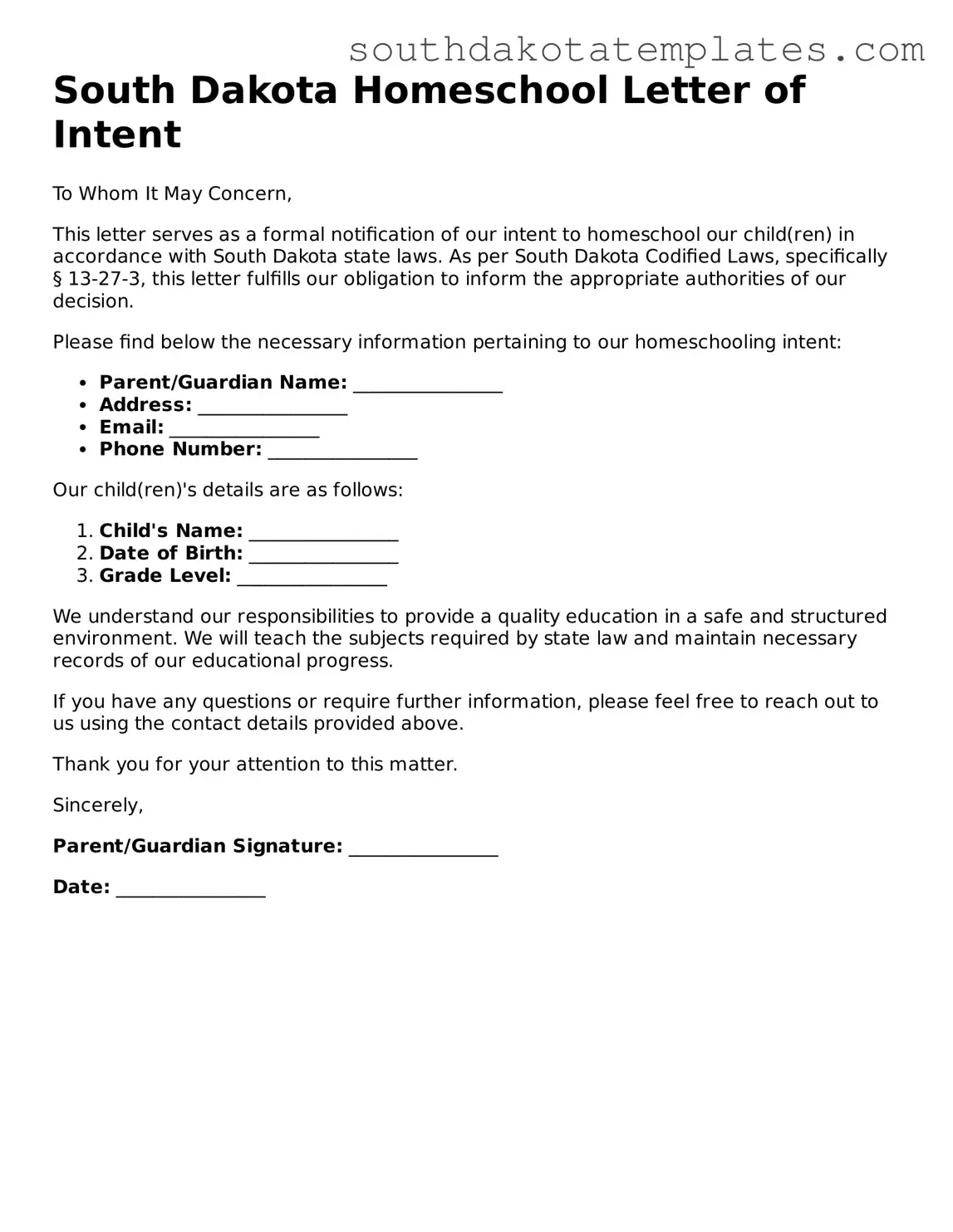 Free South Dakota Homeschool Letter of Intent Document