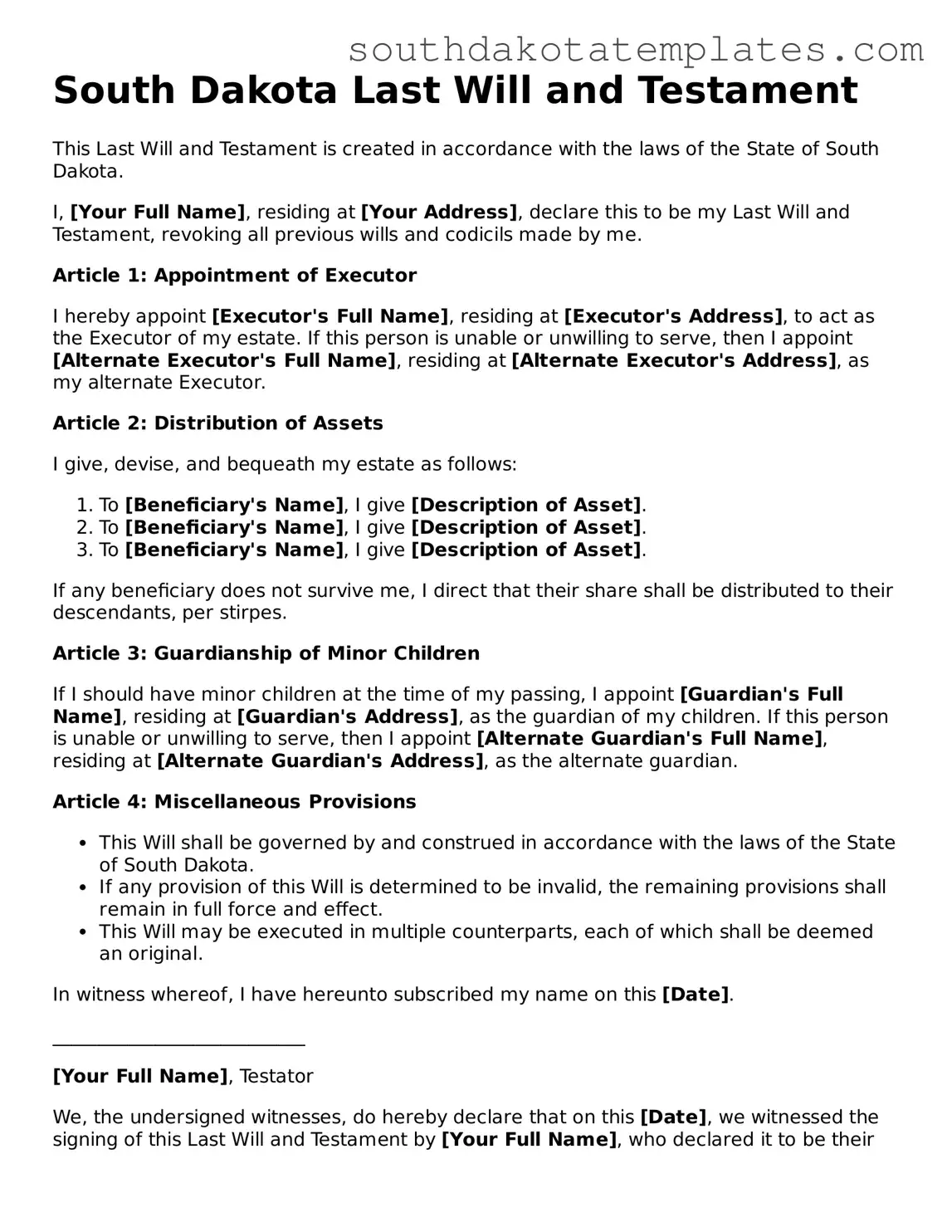 Free South Dakota Last Will and Testament Document