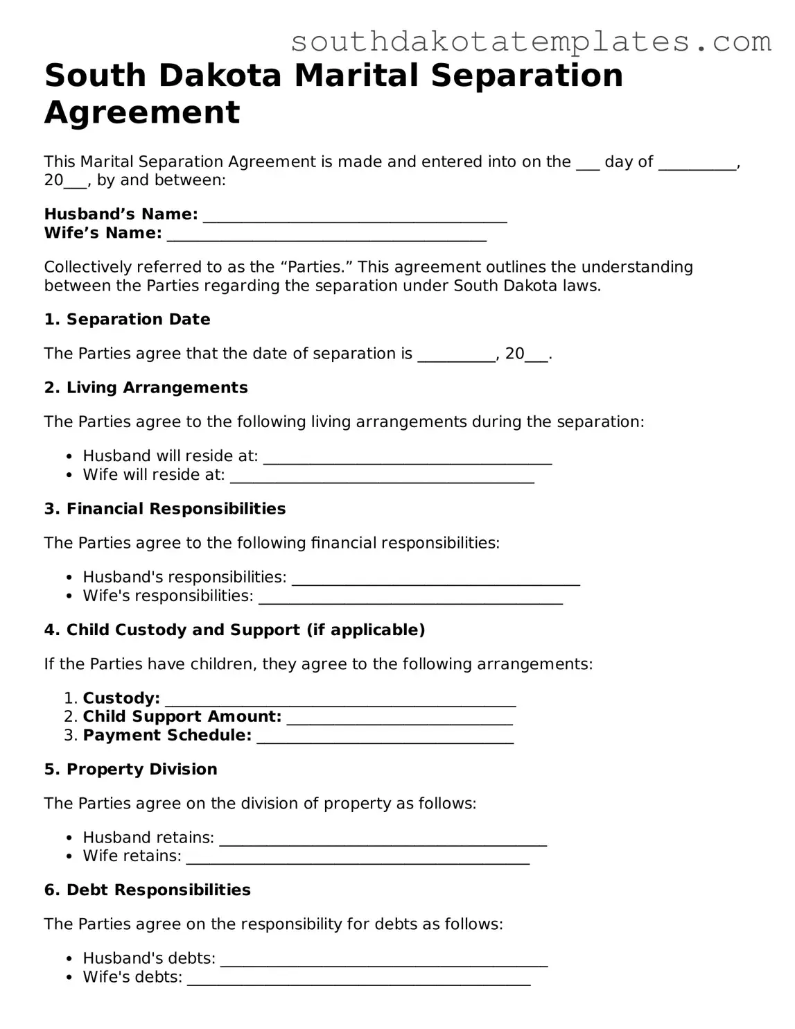 Free South Dakota Marital Separation Agreement Document