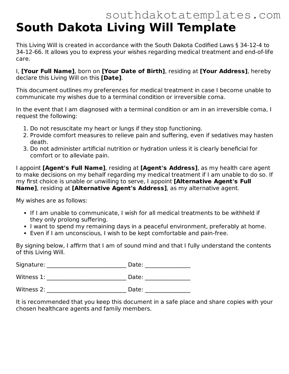 Free South Dakota Living Will Document