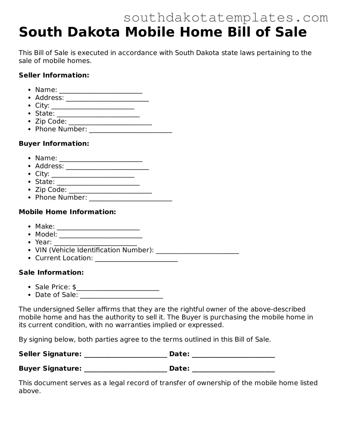 Free South Dakota Mobile Home Bill of Sale Document