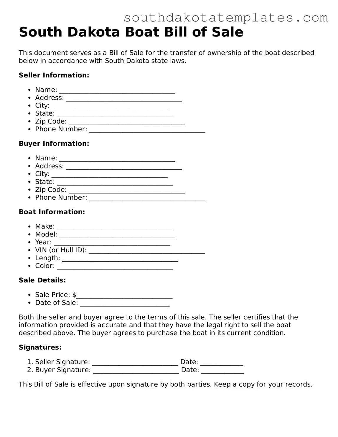 Free South Dakota Boat Bill of Sale Document