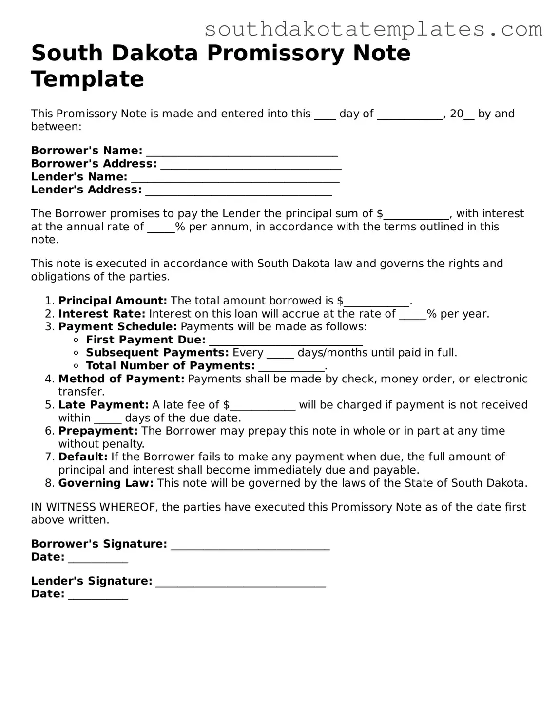 Free South Dakota Promissory Note Document