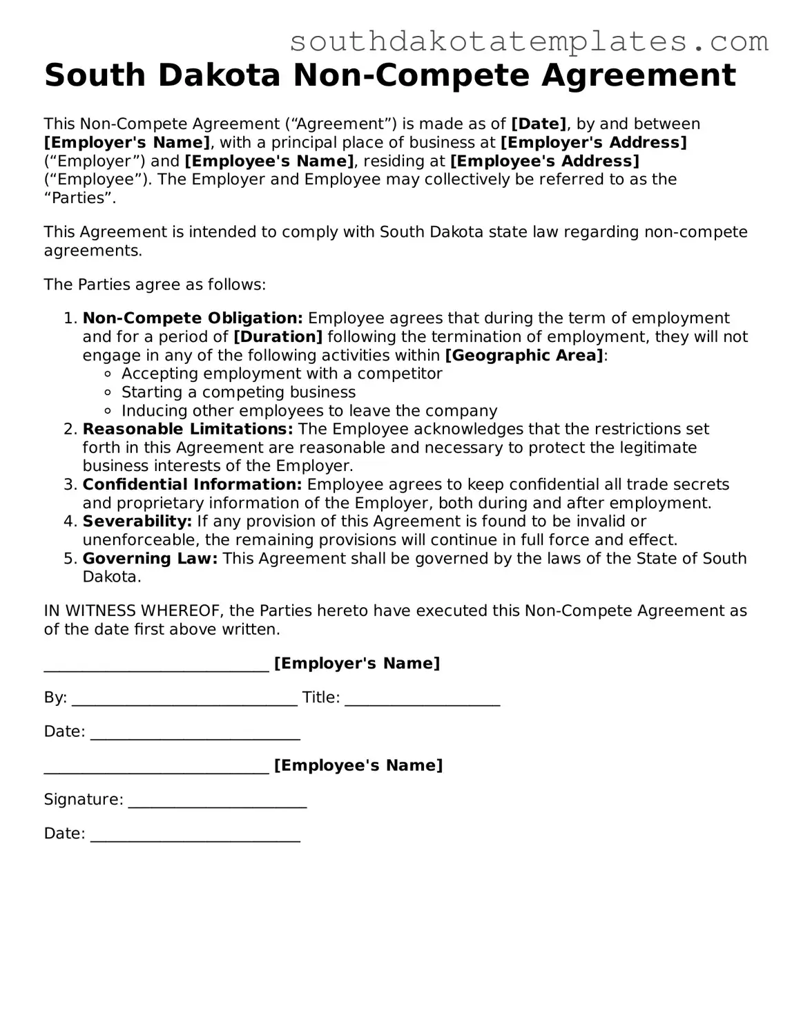 Free South Dakota Non-compete Agreement Document