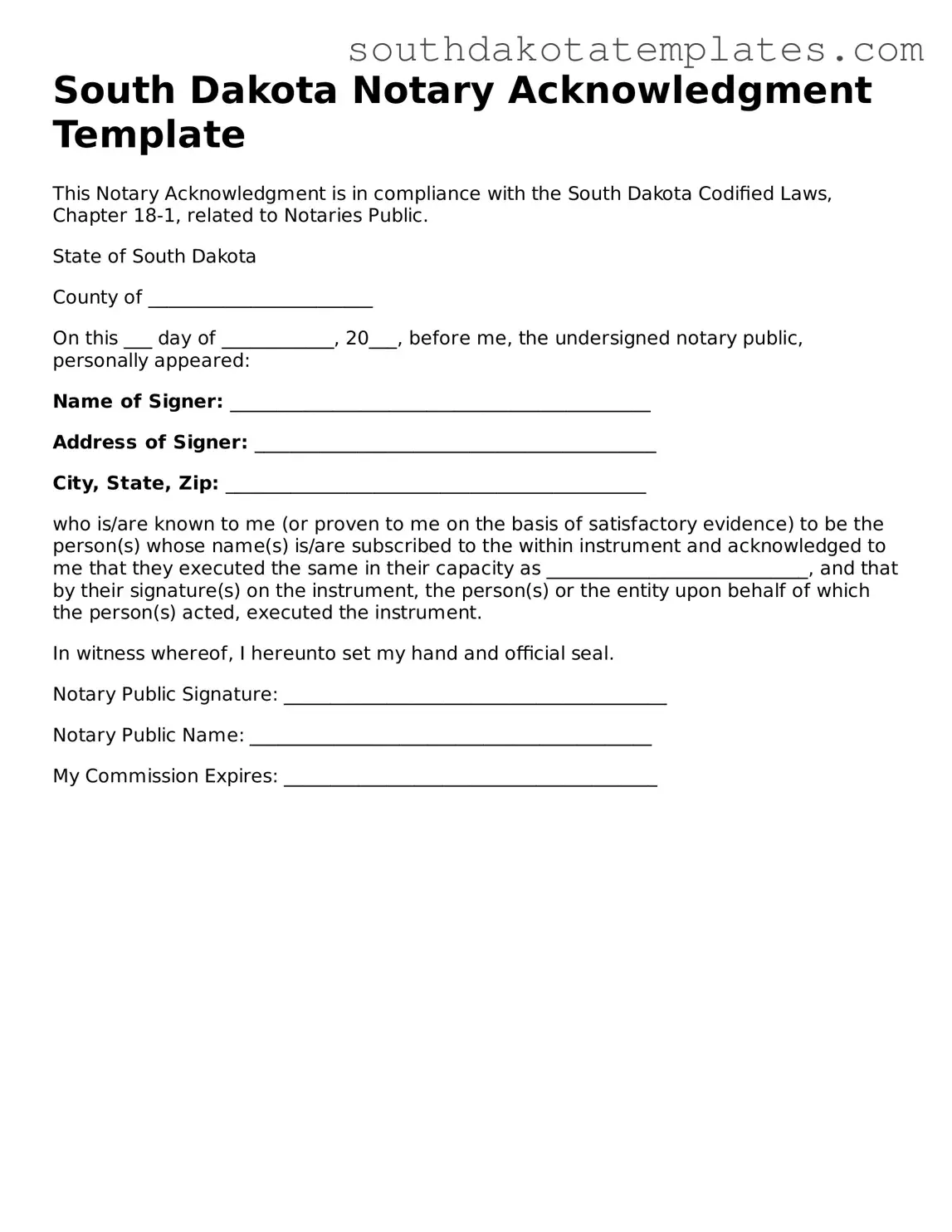 Free South Dakota Notary Acknowledgement Document