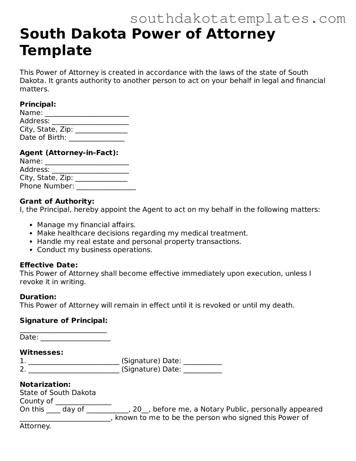Free South Dakota Power of Attorney Document