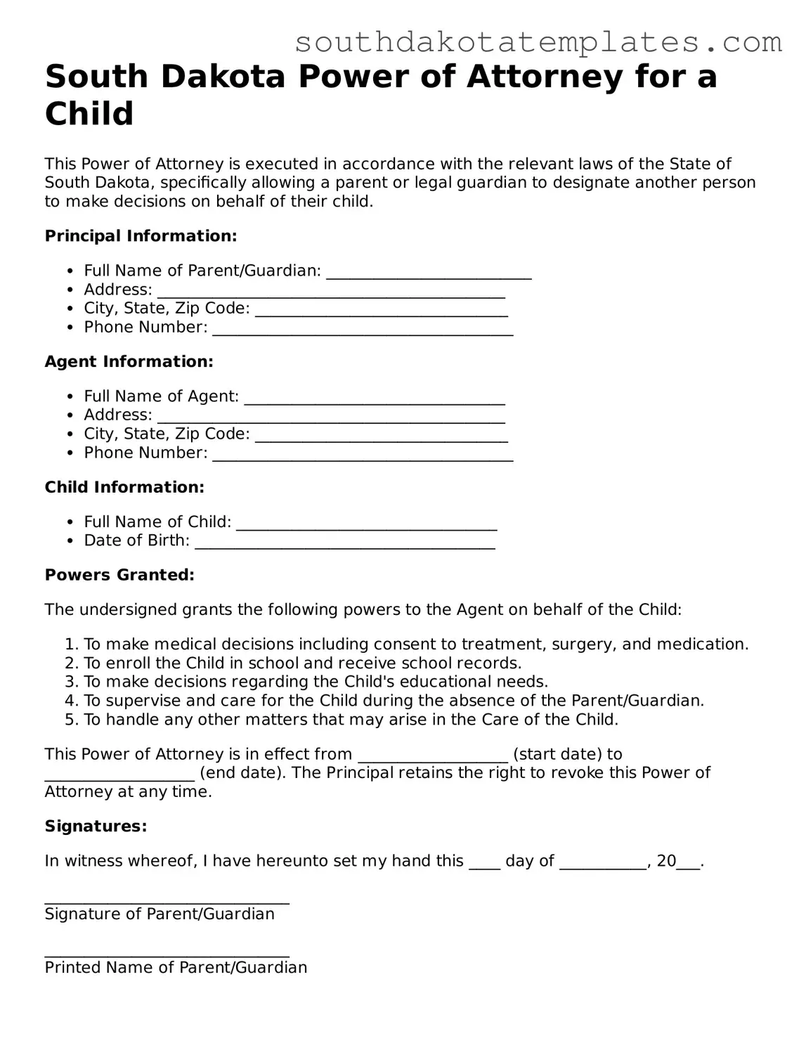 Free South Dakota Power of Attorney for a Child Document