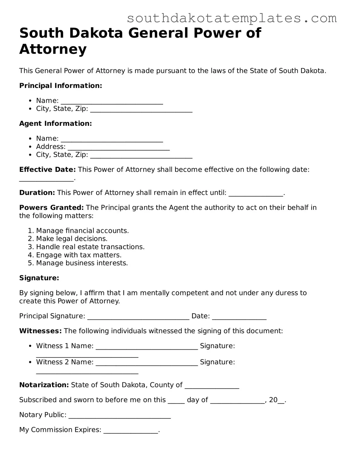 Free South Dakota General Power of Attorney Document