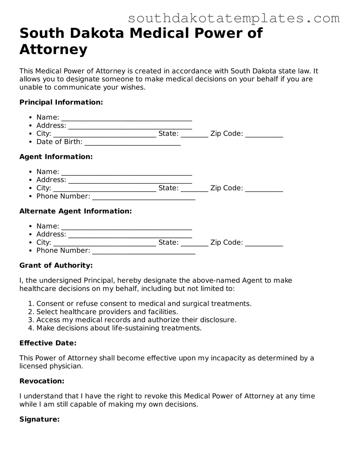 Free South Dakota Medical Power of Attorney Document