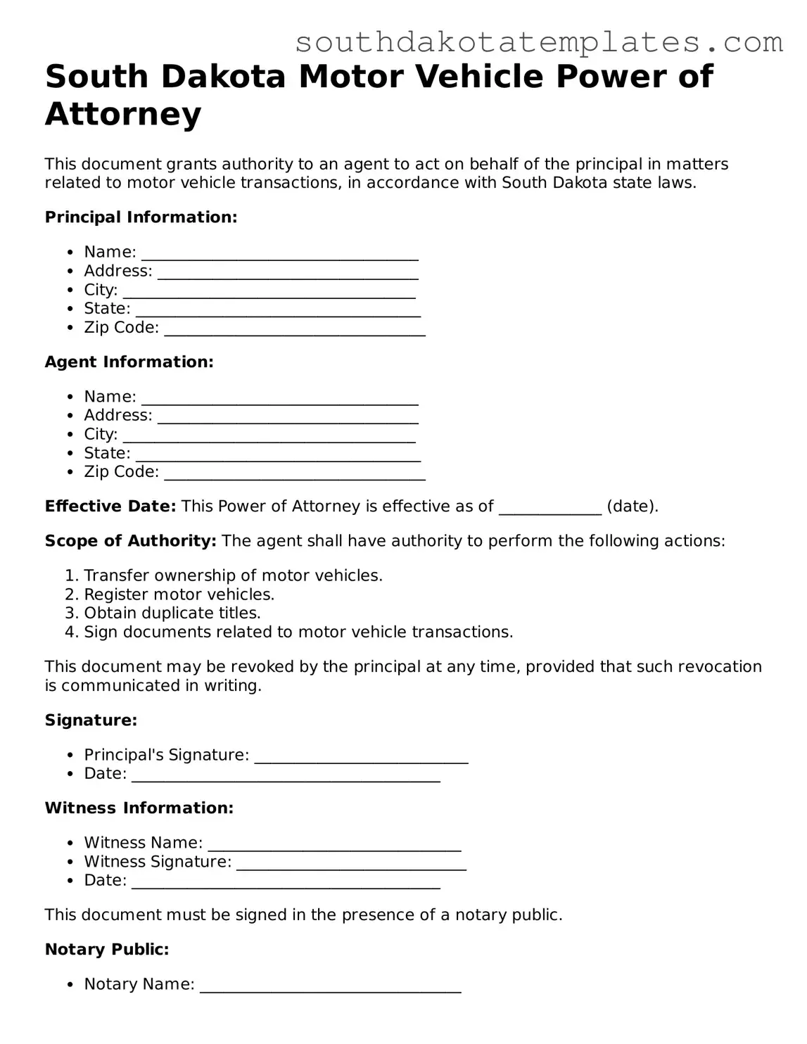 Free South Dakota Motor Vehicle Power of Attorney Document