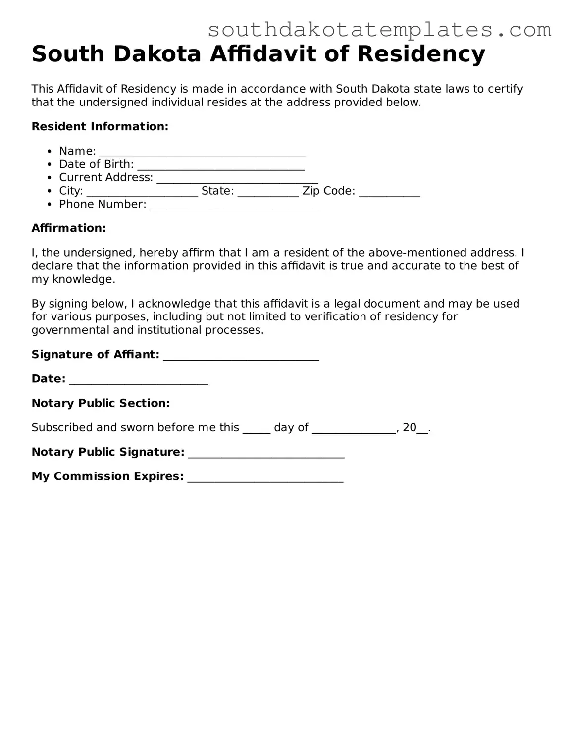 Free South Dakota Affidavit of Residency Document