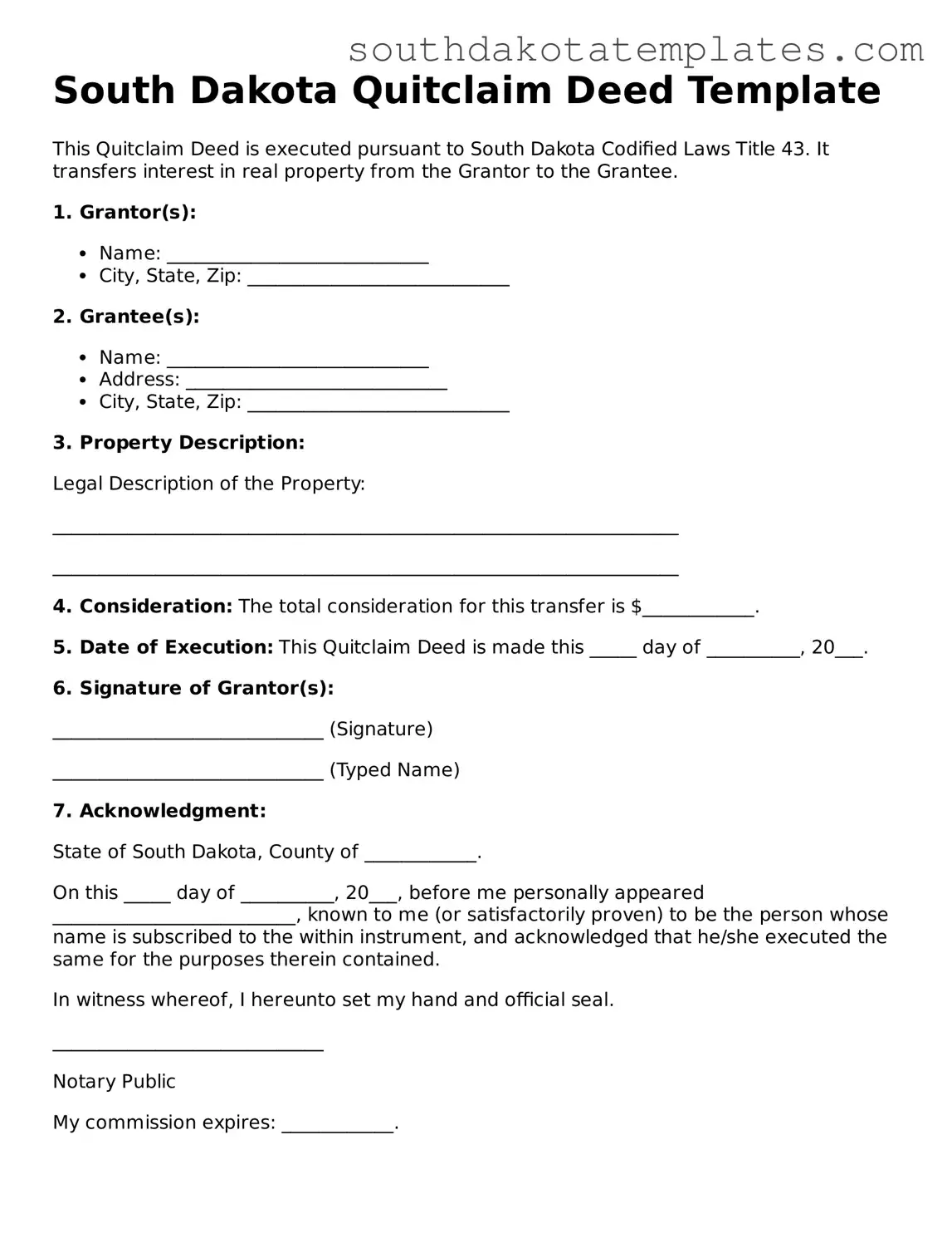 Free South Dakota Quitclaim Deed Document