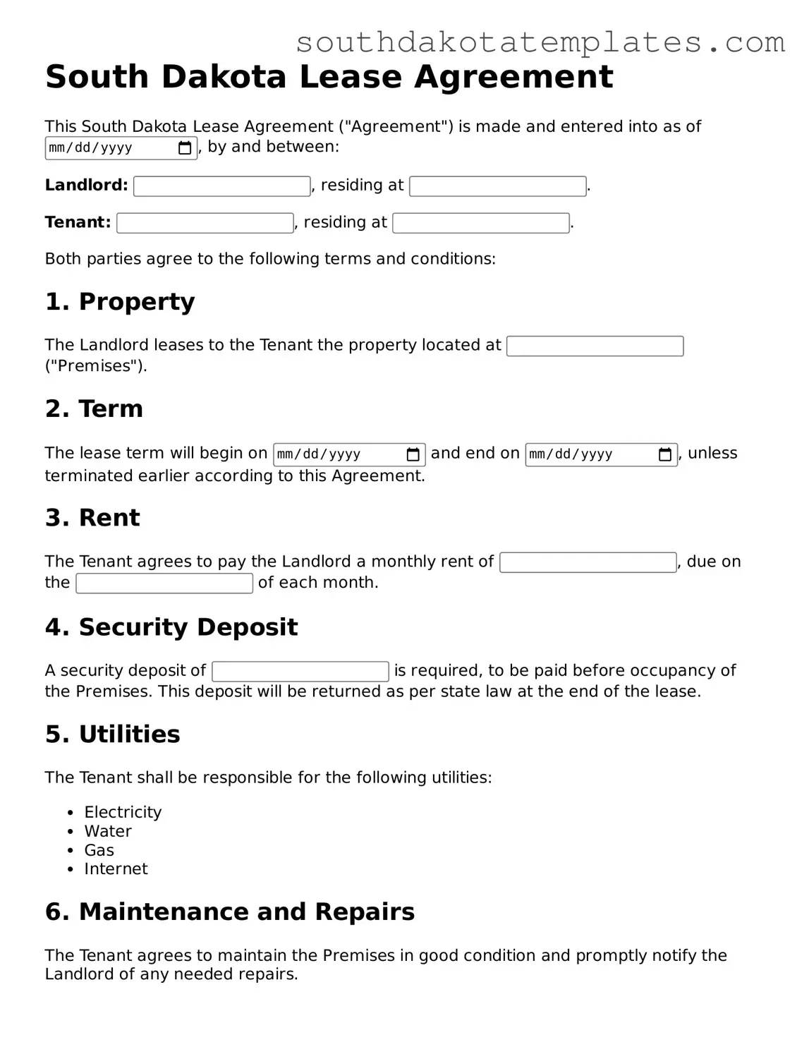 Free South Dakota Lease Agreement Document