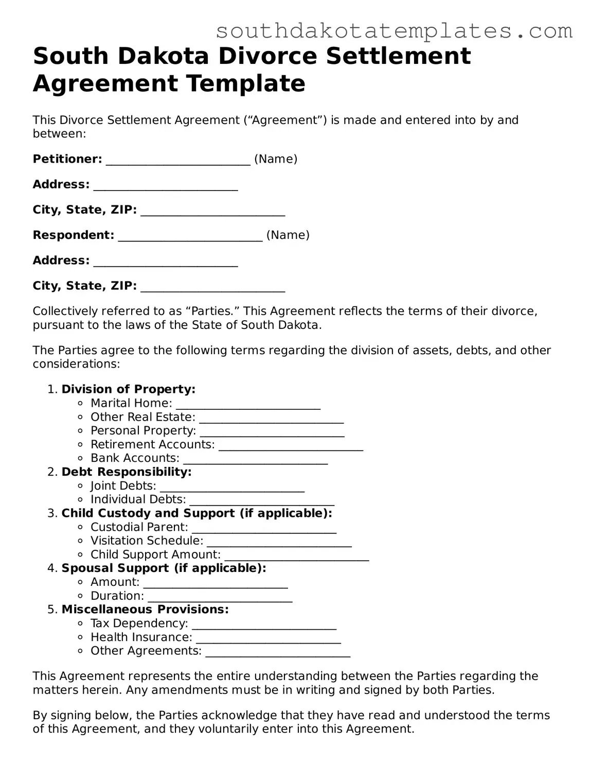 Free South Dakota Divorce Settlement Agreement Document